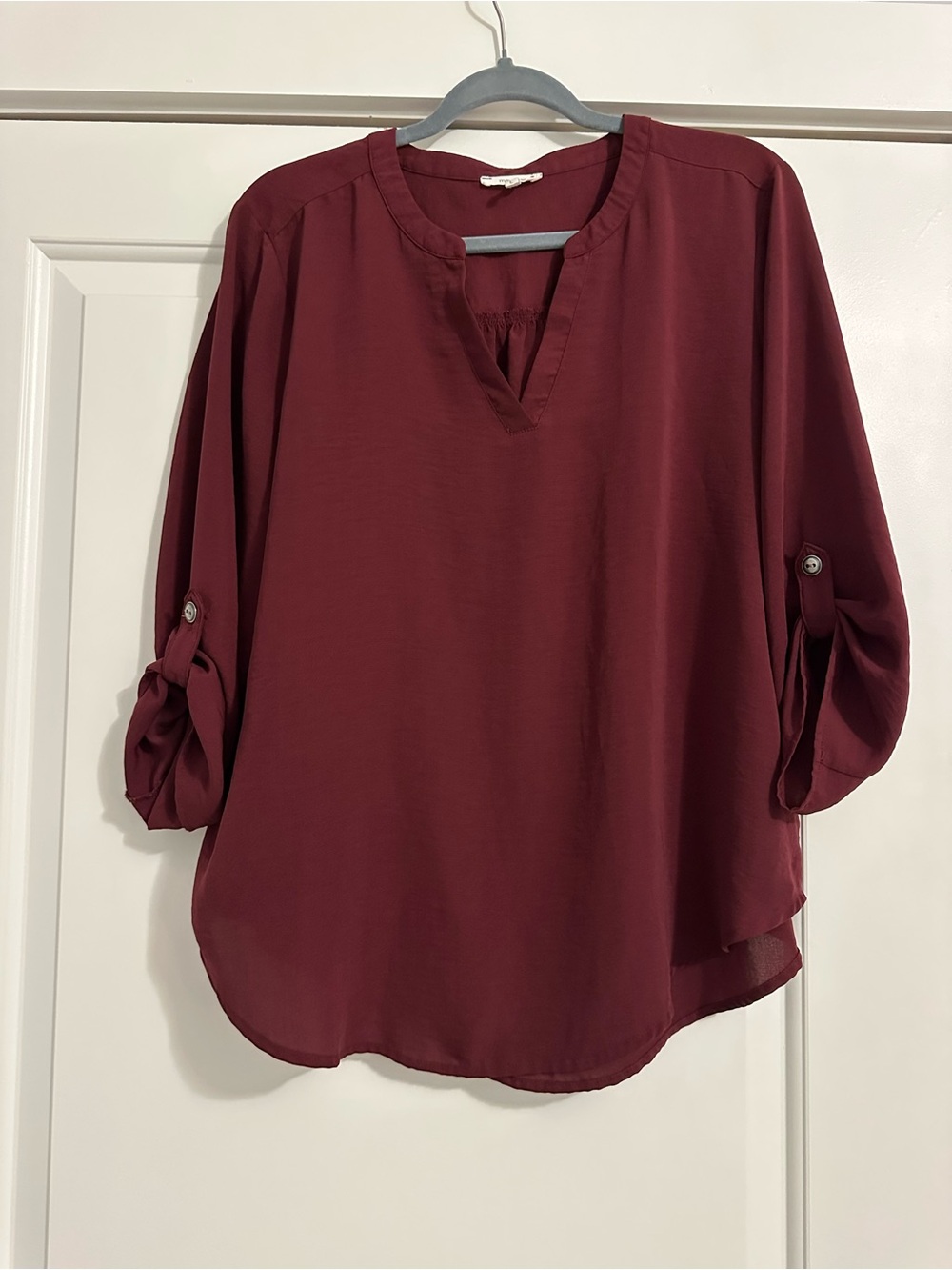 Maurices Burgundy Roll Tab Sleeve V-Neck Blouse